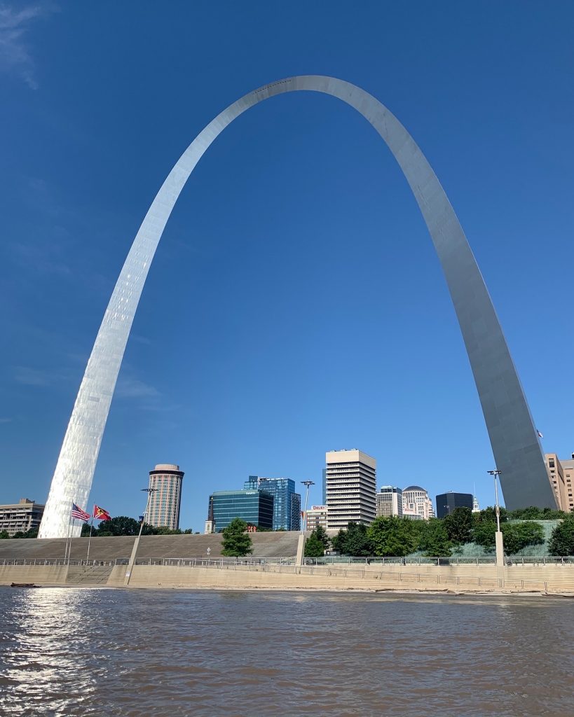 The St. Louis Arch as seen from a canoe in the Mississippi River. (Photo by Mark Stachiew)